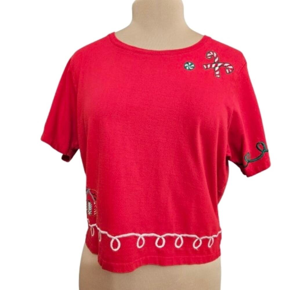 Michael Simon Lite Red Christmas Top XL Embroidered Snowman Candy Cane Tee